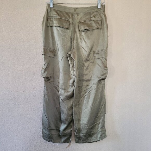 Womens 100% Silk Cargo Pants Size 2 Green Satin Y2k 90s Utility Military Kenar - Picture 1 of 7